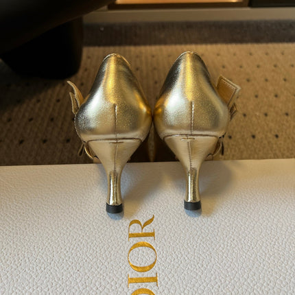DIOR 26S POINTED-TOE PUMPS 65MM IN GOLD CALFSKIN WITH J'ADIOR BOW