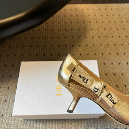DIOR 26S POINTED-TOE PUMPS 65MM IN GOLD CALFSKIN WITH J'ADIOR BOW