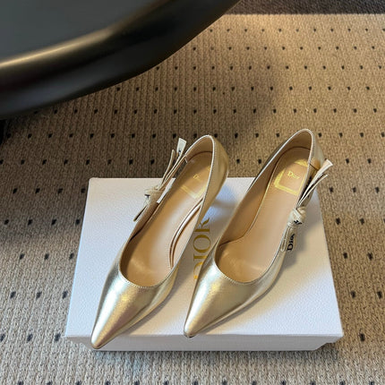 DIOR 26S POINTED-TOE PUMPS 65MM IN GOLD CALFSKIN WITH J'ADIOR BOW
