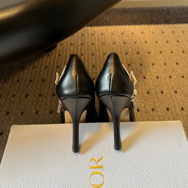 DIOR 26S POINTED-TOE PUMPS 95MM IN BLACK CALFSKIN WITH J'ADIOR BOW