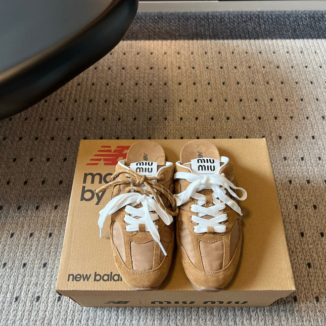 MIUMIU 26S SNEAKER MULES IN CAMEL BROWN SUEDE MIX FABRIC