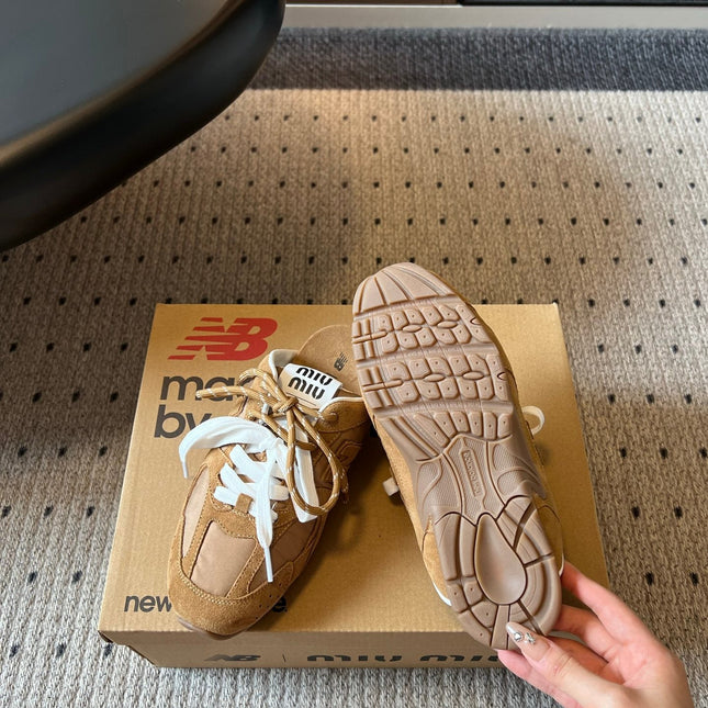 MIUMIU 26S SNEAKER MULES IN CAMEL BROWN SUEDE MIX FABRIC