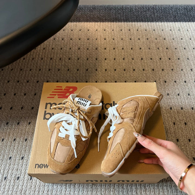 MIUMIU 26S SNEAKER MULES IN CAMEL BROWN SUEDE MIX FABRIC