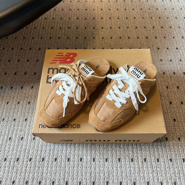 MIUMIU 26S SNEAKER MULES IN CAMEL BROWN SUEDE MIX FABRIC