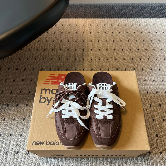 MIUMIU 26S SNEAKER MULES IN DARK BROWN SUEDE MIX FABRIC