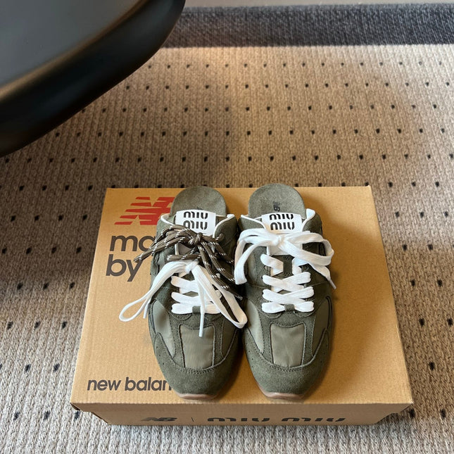 MIUMIU 26S SNEAKER MULES IN MOSS GREEN SUEDE MIX FABRIC