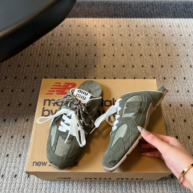 MIUMIU 26S SNEAKER MULES IN MOSS GREEN SUEDE MIX FABRIC