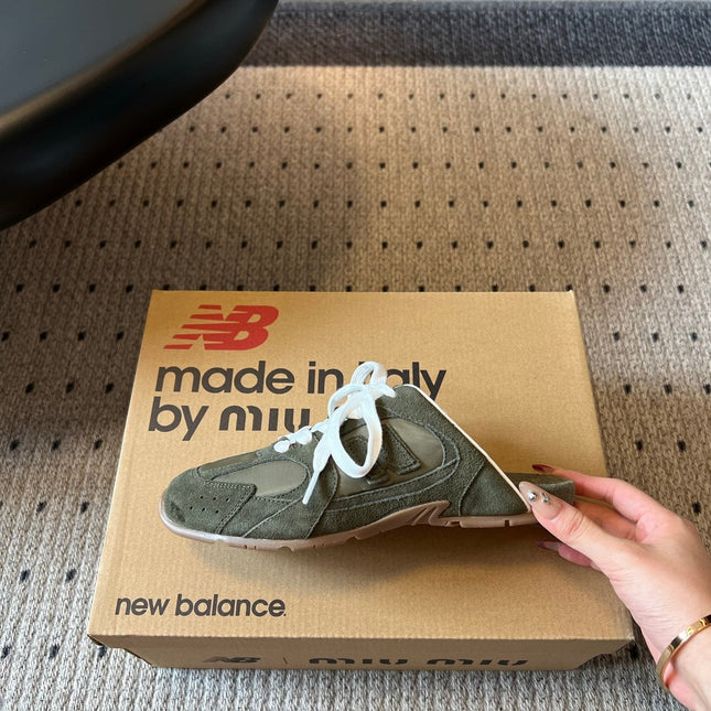 MIUMIU 26S SNEAKER MULES IN MOSS GREEN SUEDE MIX FABRIC