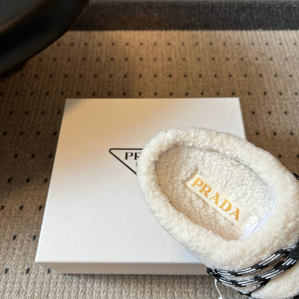 PRADA 26S WOVEN MULES IN IVORY WOOL AND BLACK SUEDE