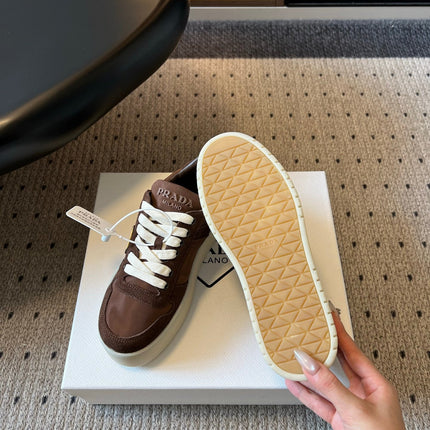 PRADA 26S PLATFORM SNEAKERS IN DARK BROWN FABRIC MIX SUEDE