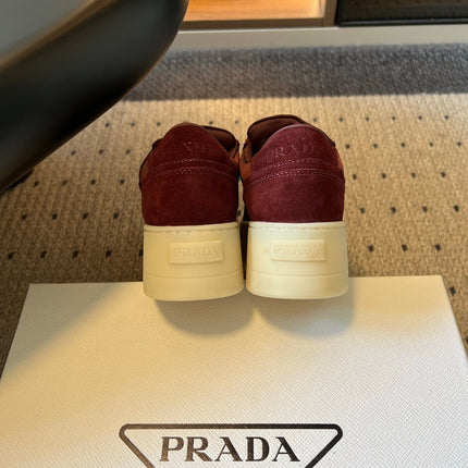 PRADA 26S PLATFORM SNEAKERS IN DARK RED FABRIC MIX SUEDE