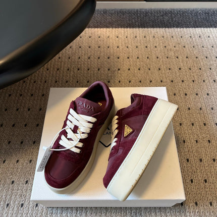 PRADA 26S PLATFORM SNEAKERS IN DARK RED FABRIC MIX SUEDE