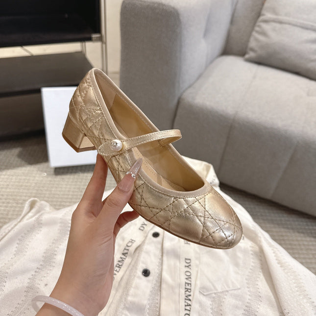 DIOR 26S MARY JANE PUMPS IN GOLD LAMBSKIN PEARL-ADORNED STRAP