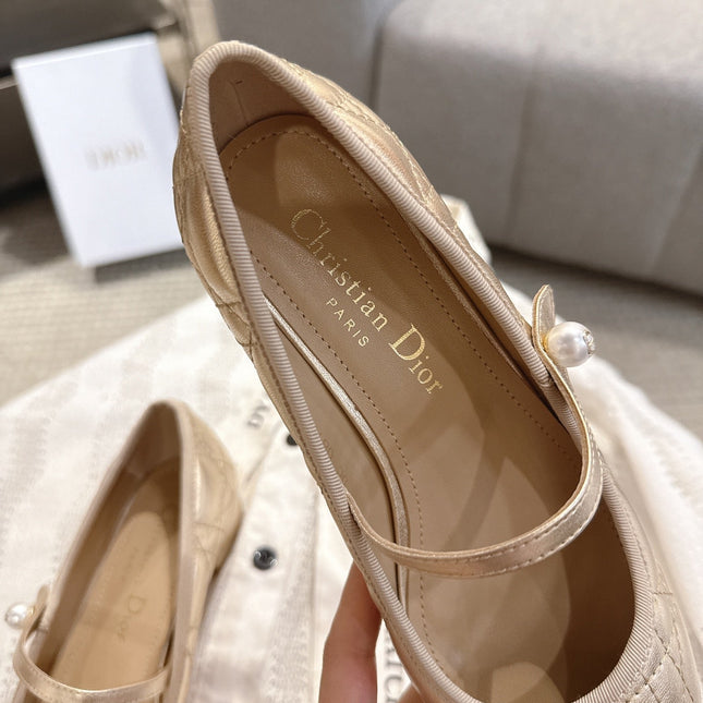 DIOR 26S MARY JANE PUMPS IN GOLD LAMBSKIN PEARL-ADORNED STRAP