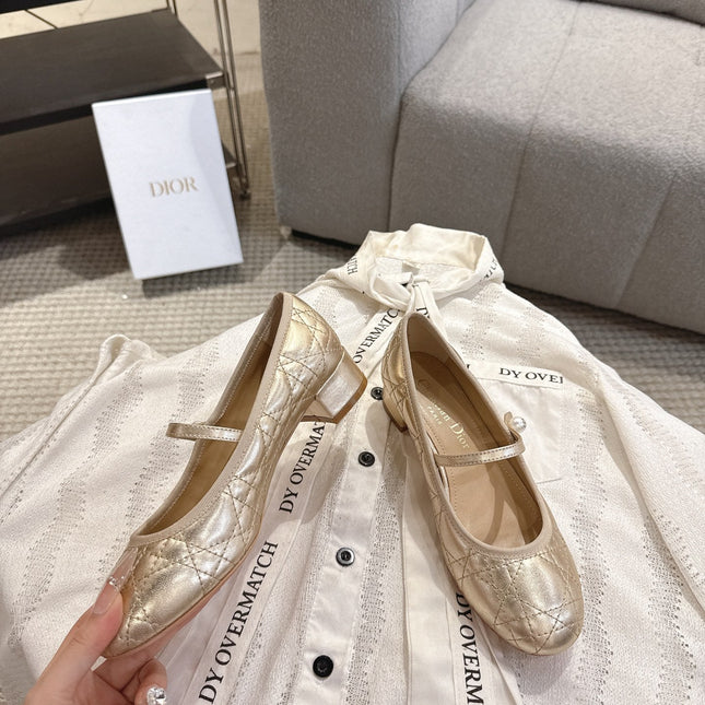 DIOR 26S MARY JANE PUMPS IN GOLD LAMBSKIN PEARL-ADORNED STRAP
