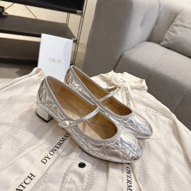 DIOR 26S MARY JANE PUMPS IN SILVER LAMBSKIN PEARL-ADORNED STRAP