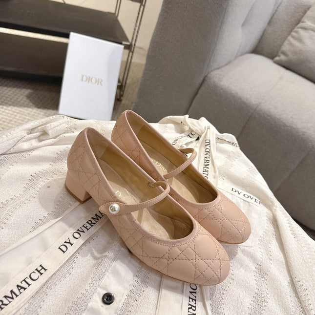 DIOR 26S MARY JANE PUMPS IN NUDE LAMBSKIN PEARL-ADORNED STRAP