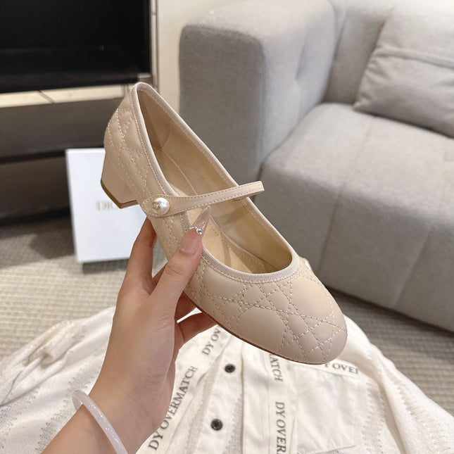 DIOR 26S MARY JANE PUMPS IN BEIGE LAMBSKIN PEARL-ADORNED STRAP