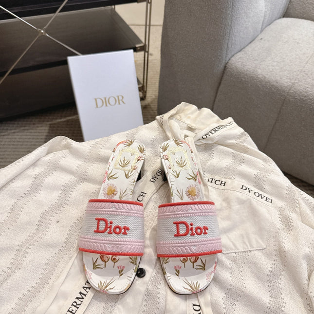 DIOR 26S DWAY FLOWER EDITION HIGH-HEEL SLIDES IN PINK MIX WHITE FABRIC