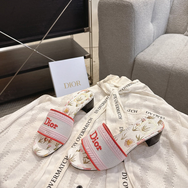 DIOR 26S DWAY FLOWER EDITION HIGH-HEEL SLIDES IN PINK MIX WHITE FABRIC