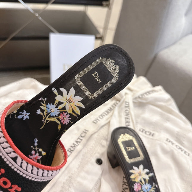 DIOR 26S DWAY FLOWER EDITION HIGH-HEEL SLIDES IN BLACK FABRIC