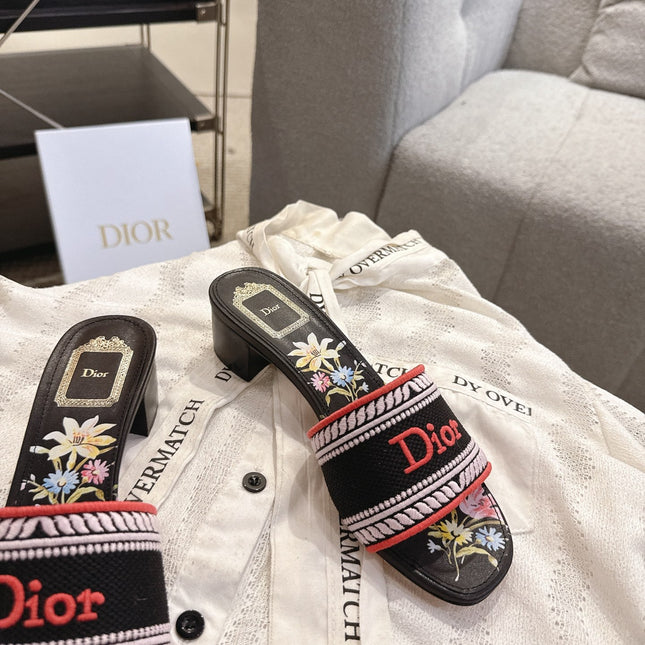 DIOR 26S DWAY FLOWER EDITION HIGH-HEEL SLIDES IN BLACK FABRIC
