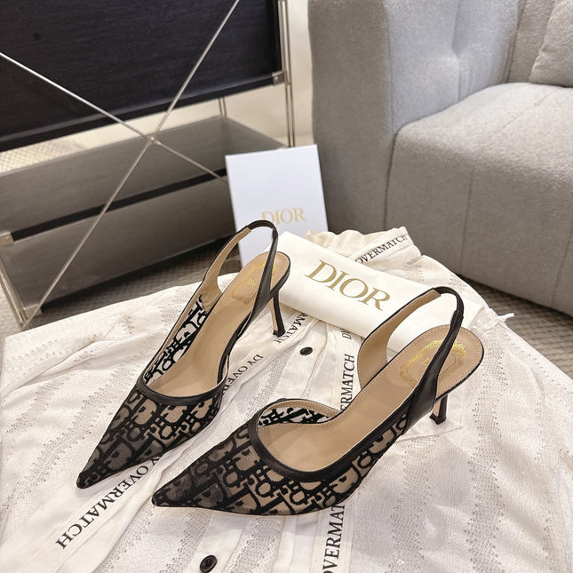 DIOR 26S HIGH-HEEL SLINGBACKS 80 MM IN BLACK OBLIQUE EMBROIDERED MESH