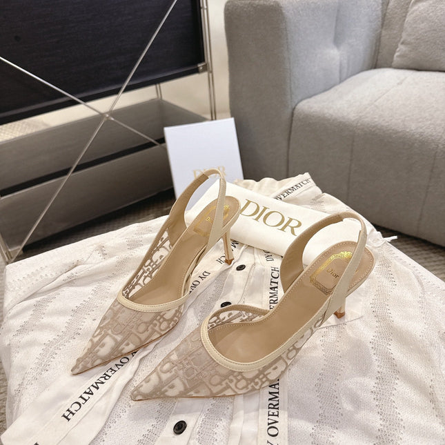 DIOR 26S HIGH-HEEL SLINGBACKS 80 MM IN BEIGE OBLIQUE EMBROIDERED MESH