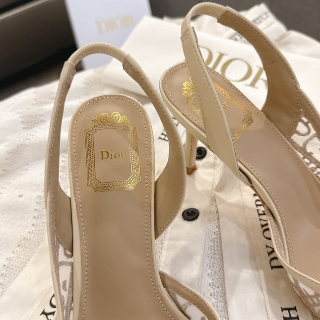 DIOR 26S HIGH-HEEL SLINGBACKS 80 MM IN BEIGE OBLIQUE EMBROIDERED MESH