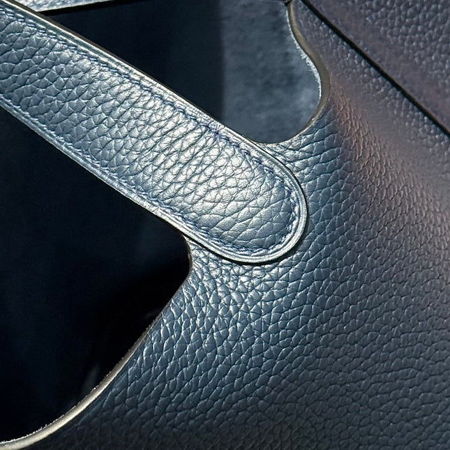 HERMES 25S PICOTIN LOCK 22 IN NAVY BLUE CALFSKIN SILVER HARDWARE