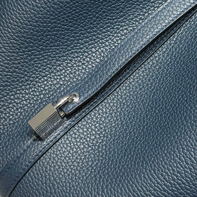 HERMES 25S PICOTIN LOCK 22 IN NAVY BLUE CALFSKIN SILVER HARDWARE