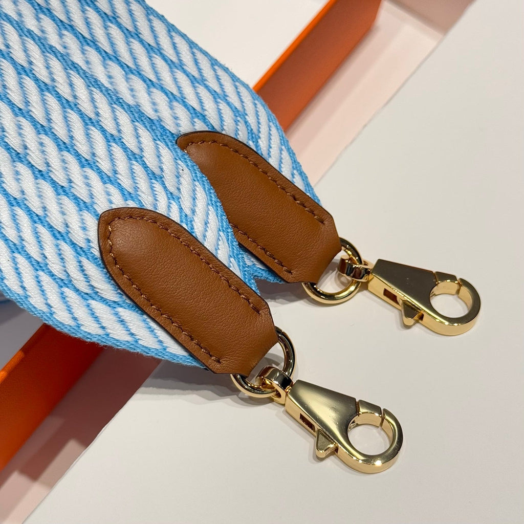 25S HERMES SANGLE ALLEGRO BAG STRAP BLUE 85 IN CANVAS GOLD HARDWARE