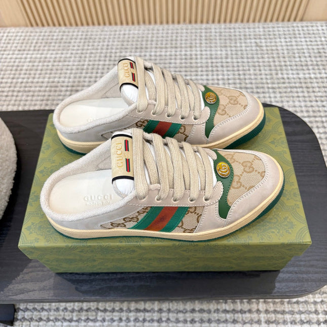 GUCCI 26S BACKLESS SNEAKERS IN BEIGE CANVAS AND LEATHER