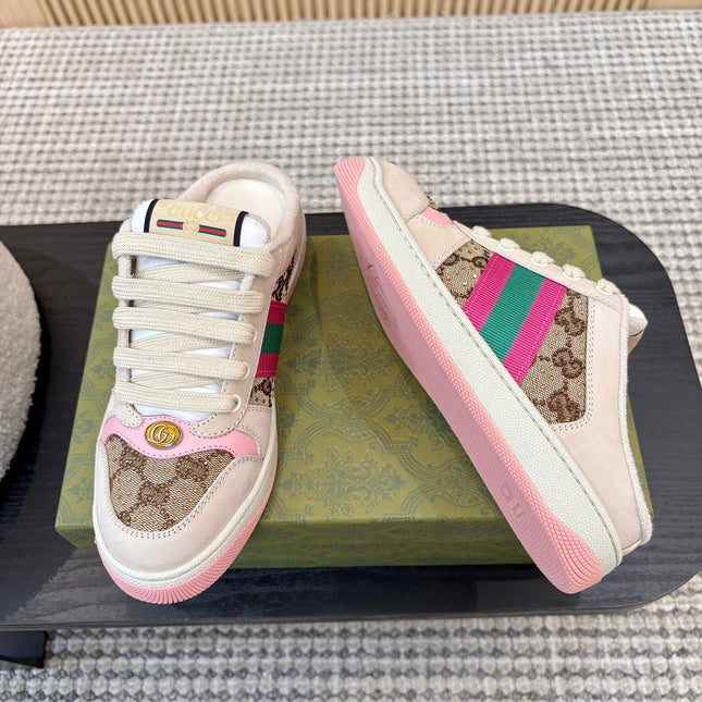 GUCCI 26S BACKLESS SNEAKERS IN BROWN CANVAS AND BEIGE LEATHER