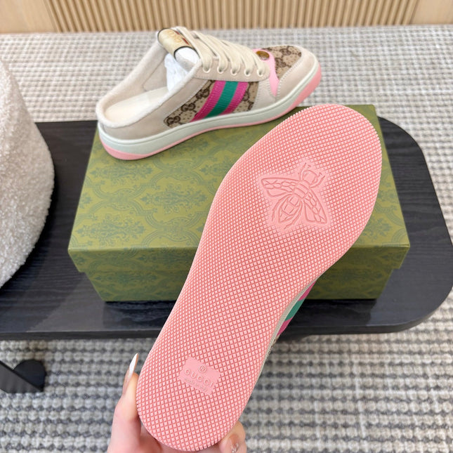 GUCCI 26S BACKLESS SNEAKERS IN BROWN CANVAS AND BEIGE LEATHER