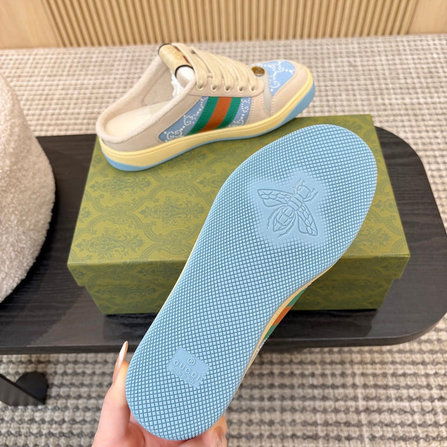 GUCCI 26S BACKLESS SNEAKERS IN BLUE CANVAS AND BEIGE LEATHER
