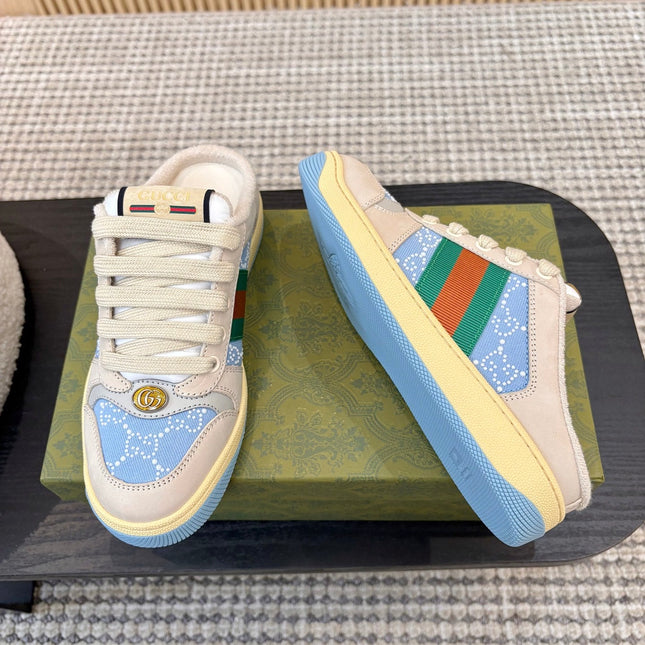 GUCCI 26S BACKLESS SNEAKERS IN BLUE CANVAS AND BEIGE LEATHER