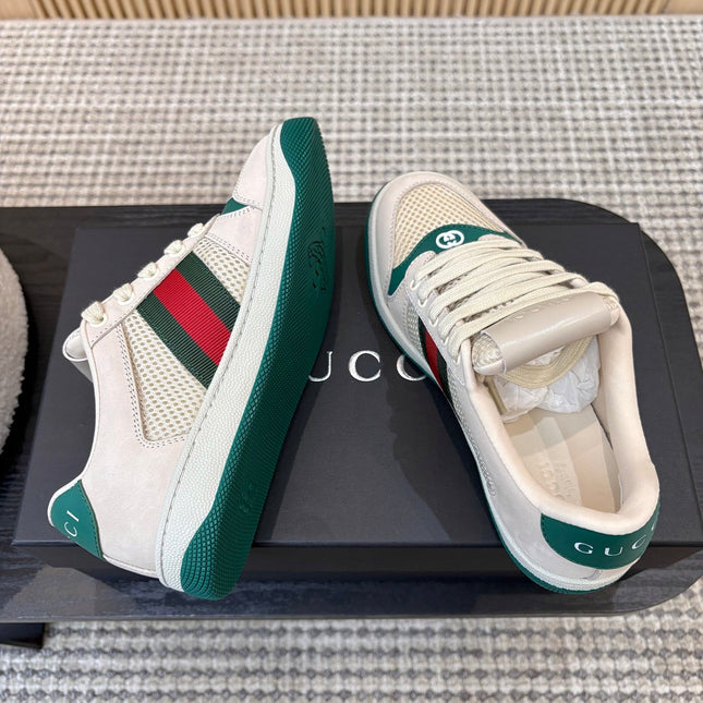 GUCCI 26S MESH SNEAKERS IN LIGHT BEIGE AND GREEN LEATHER