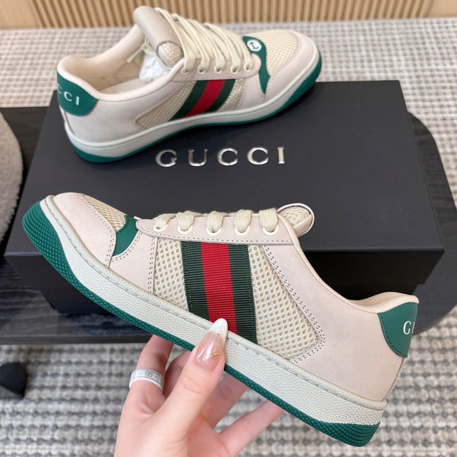 GUCCI 26S MESH SNEAKERS IN LIGHT BEIGE AND GREEN LEATHER