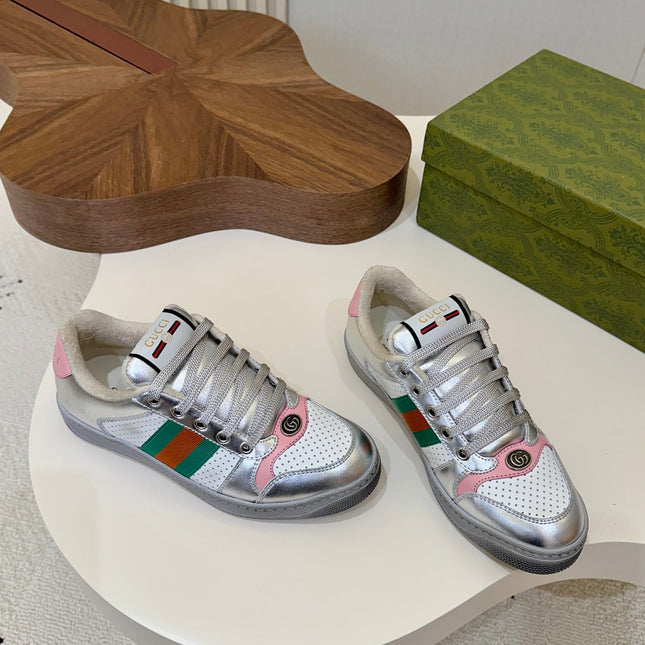 GUCCI 26S MESH SNEAKERS IN SILVER LEATHER