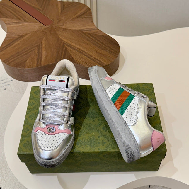 GUCCI 26S MESH SNEAKERS IN SILVER LEATHER