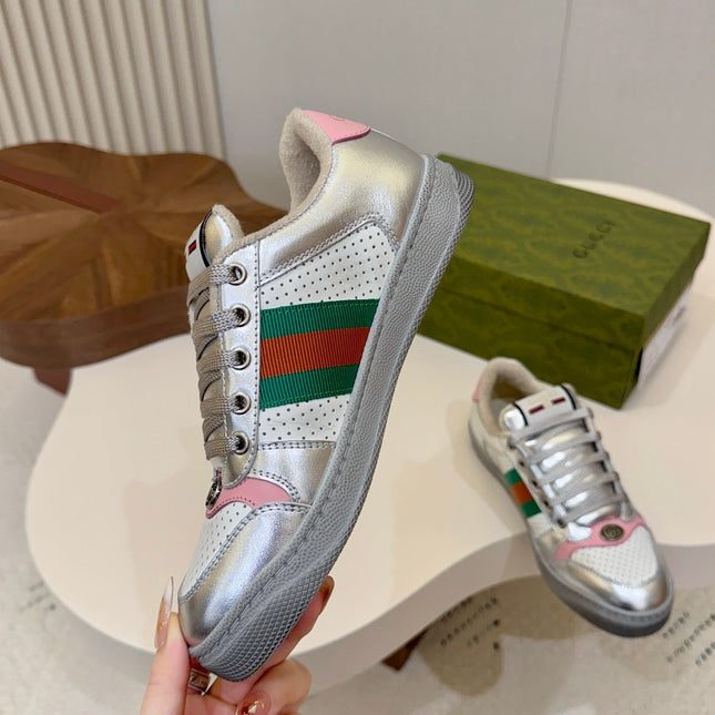 GUCCI 26S MESH SNEAKERS IN SILVER LEATHER