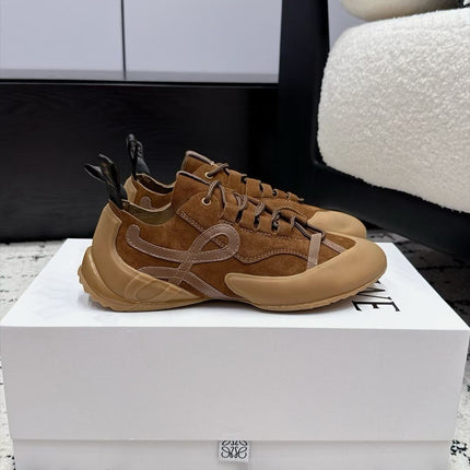LOEWE 26S LOW TOP SNEAKERS IN CARAMEL BROWN SUEDE AND FABRIC WITH BROWN RUBBER