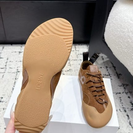 LOEWE 26S LOW TOP SNEAKERS IN CARAMEL BROWN SUEDE AND FABRIC WITH BROWN RUBBER