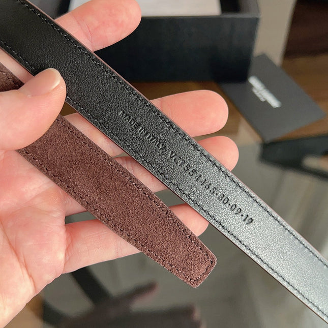 YSL 25S BELT 20 MM IN ASH BROWN SUEDE WITH GOLD HARDWARE 616311