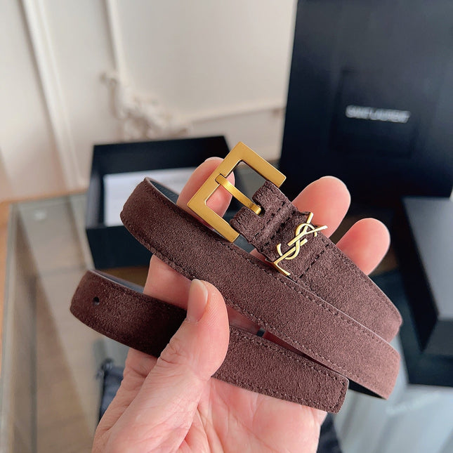 YSL 25S BELT 20 MM IN ASH BROWN SUEDE WITH GOLD HARDWARE 616311