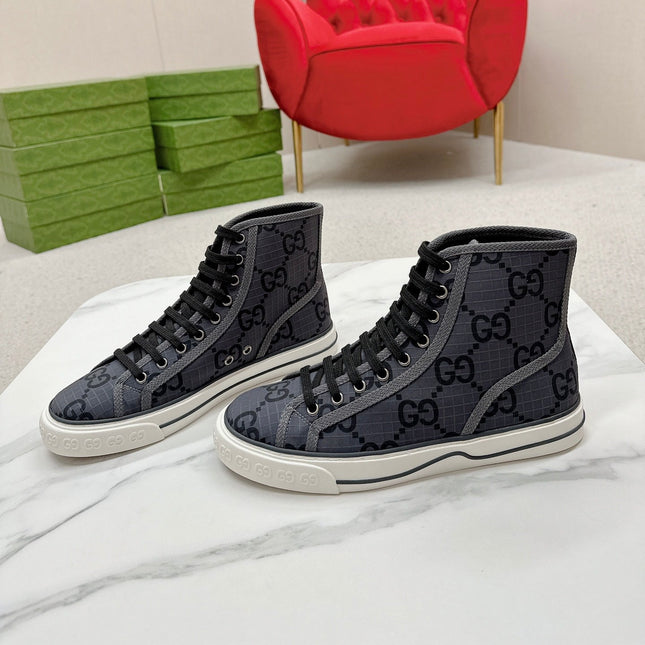 GUCCI 26S HIGH TOP SNEAKERS IN DARK GREY GG MONOGRAM CANVAS