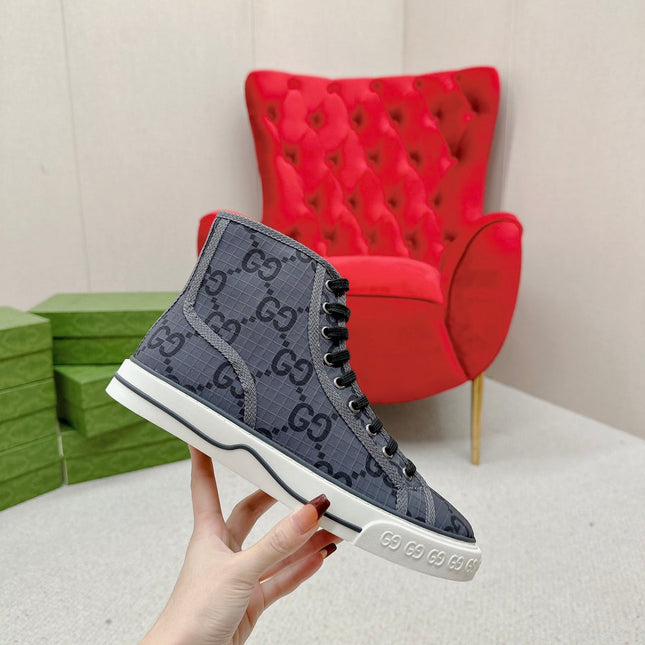 GUCCI 26S HIGH TOP SNEAKERS IN DARK GREY GG MONOGRAM CANVAS
