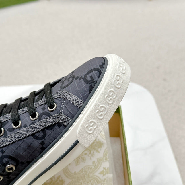 GUCCI 26S HIGH TOP SNEAKERS IN DARK GREY GG MONOGRAM CANVAS