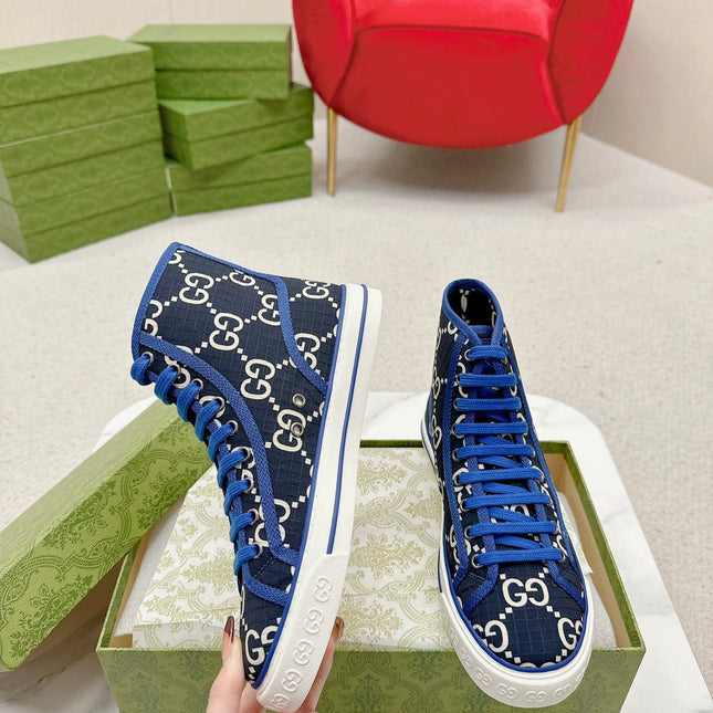 GUCCI 26S HIGH TOP SNEAKERS IN BLACK BLUE GG MONOGRAM CANVAS